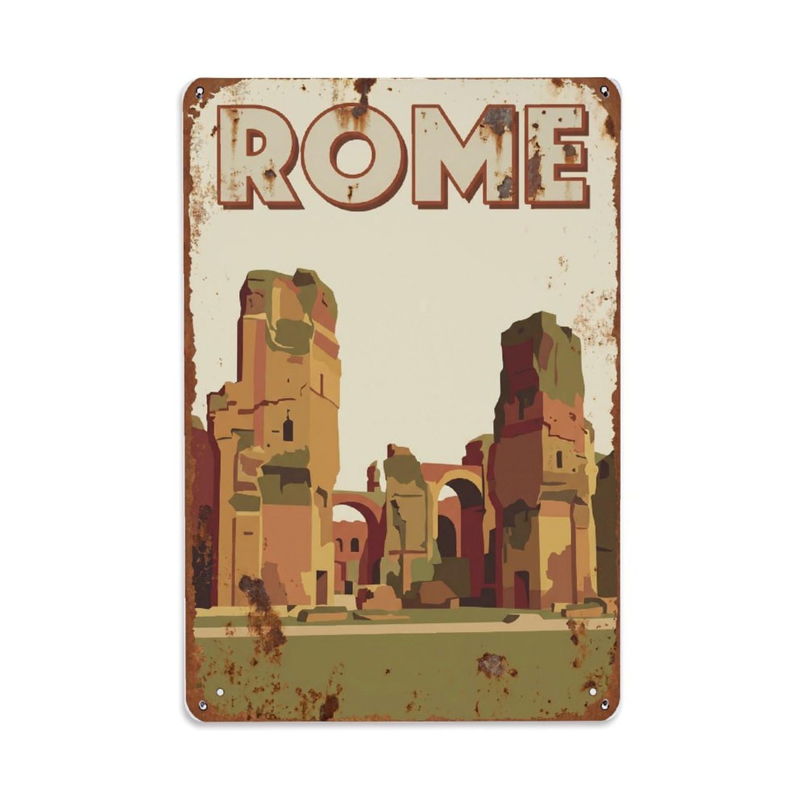 Vintage Travel Rome Baths of Caracalla Ancient Ruins Rusted Italy Metal Tin Sign Plaque Wall Decor for Cafe, Club Bar, Office, Home Garden Metal Poster 8x12Inch