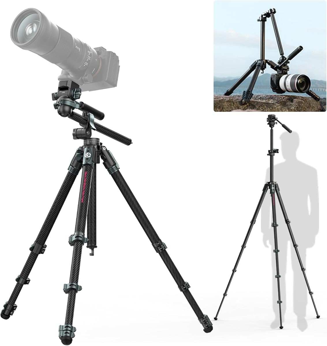ULANZI JJ06 GlideGo Carbon Fiber Video Tripod, Dual 360° Pan Head, 73.6 inch Max Height, 11 lb Load, Quick Release Plate