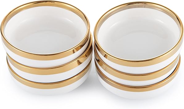 3.4-Inch Porcelain Ceramic Dipping Bowls Set of 6 - White Sauce Dishes with Gold Trim for Soy Sauce, Sushi, Olive Oil, Condiment, Salsa & Dips | Dishwasher Safe Ramekins
