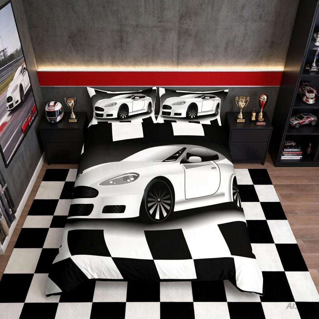 Loussiesd Boys Multicoloured 15641 Race Sports Car Duvet Cover Black White Grid Plaid Bedding Set Extreme Sports Theme Comforter Cover For Teens Men Room Decor Modern Automobile Style Bedspread Cover Double