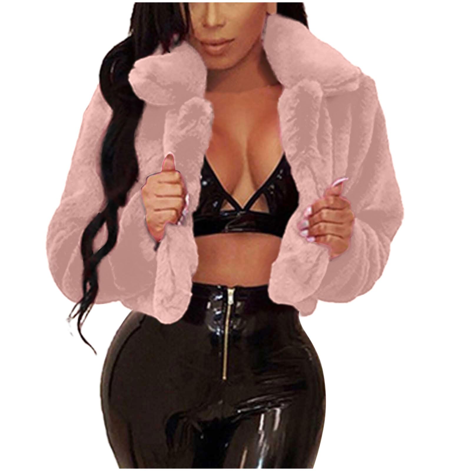 Triglicoleum Women's #04 Pink Fur Coat Fashionable Plain Short Faux Fur Jacket Faux Fur Coat Cuddly Fur Coat Thick Warm Winter Jacket Winter Fur Jacket Long Sleeve Winter Coat Fur Jacket Transition Jacket, #04