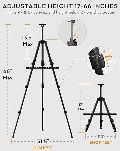 Miniatura 3 de Caballete de artista, caballetes ajustables para pintar lienzo de 17 a 66 pulgadas de altura, caballete de arte negro para mesa o piso, letreros de