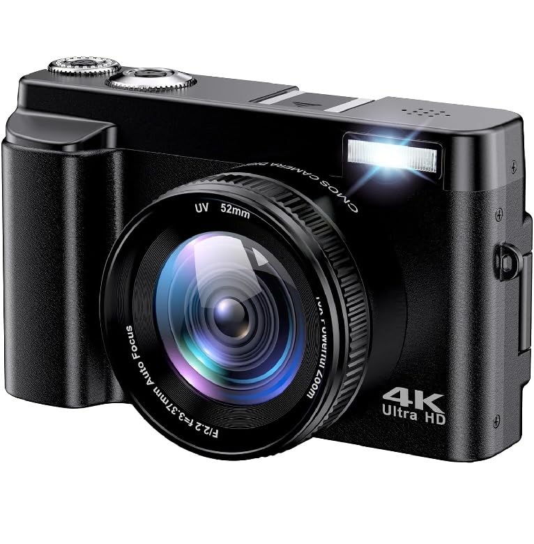 Cámara fotográfica digital 4K 48MP con zoom 16X, pantalla Flip 180° – Compacta con enfoque automático, flash, 2 baterías y SD 32 GB