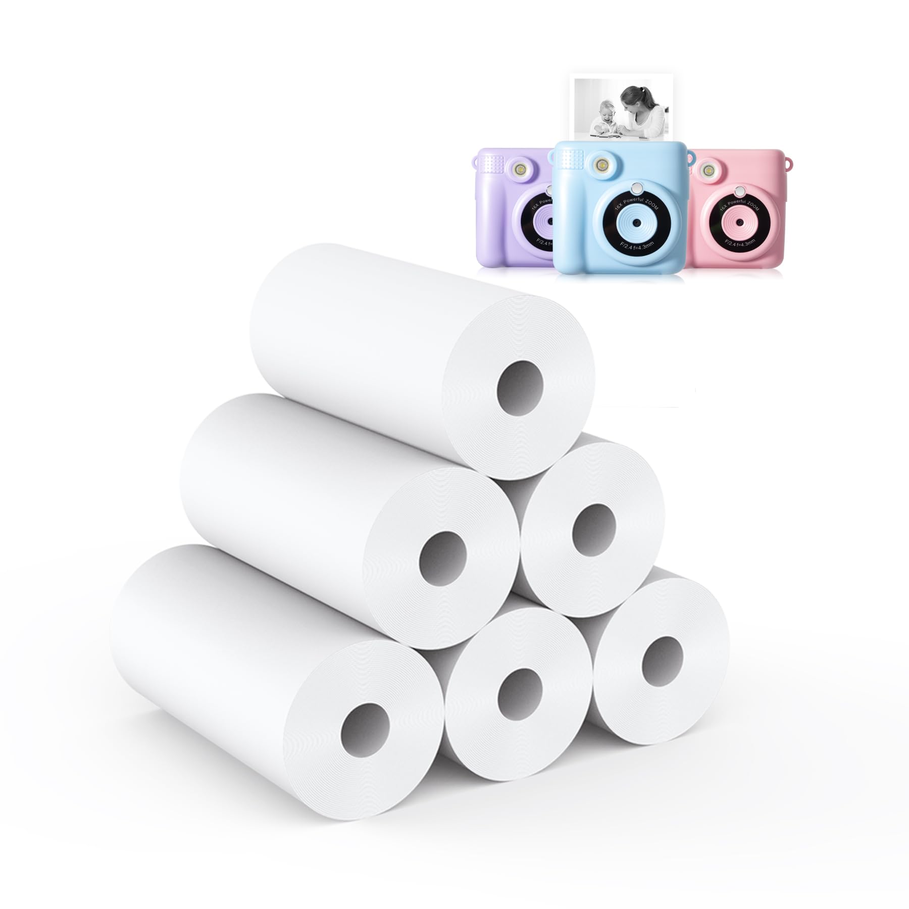 6 Rolls Instant Print Paper Kids Camera Paper Refill - Hikkon Thermal Print Paper Rolls Photo Print HD Printing for Most Kids Instant Camera - White (Paper Only)