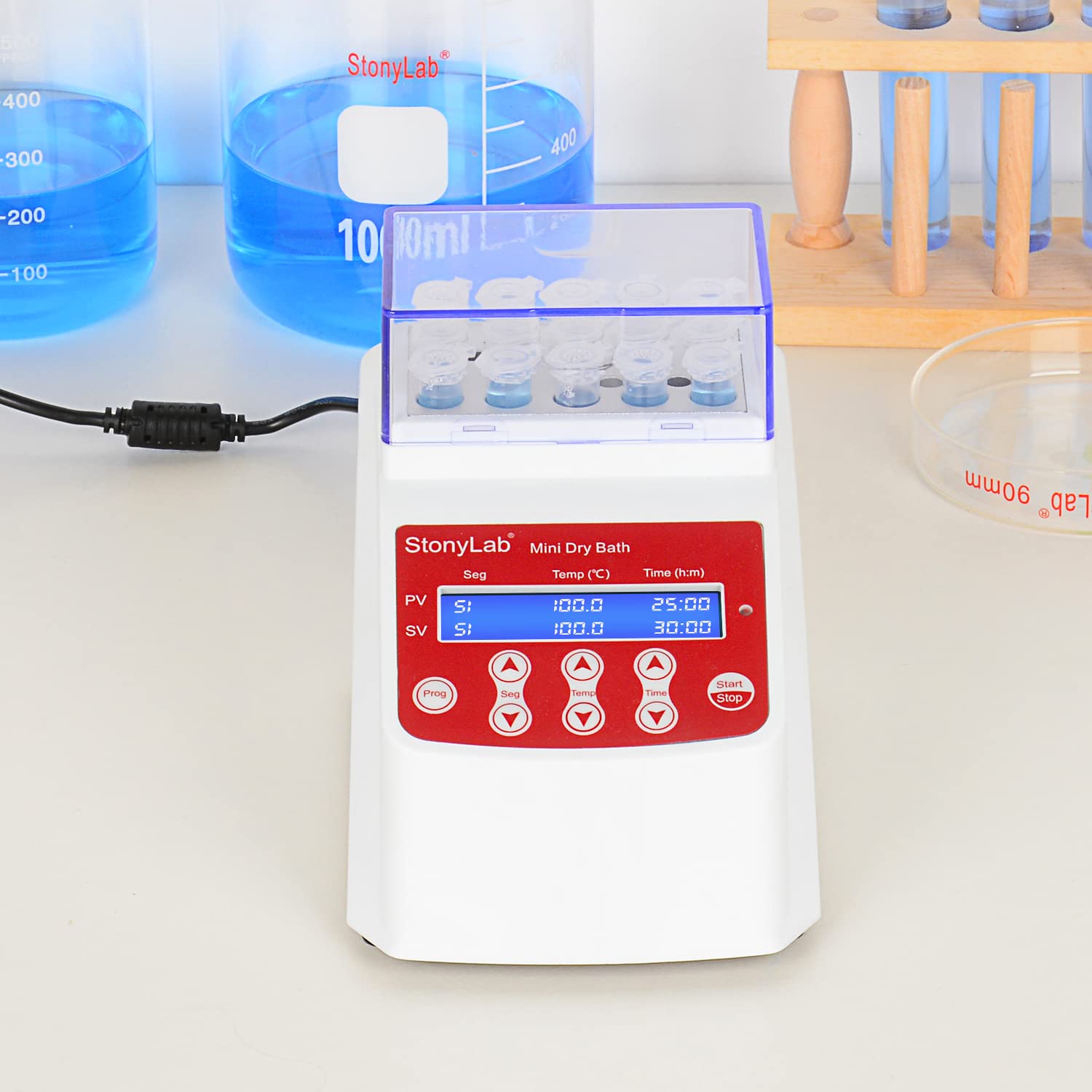 stonylab mini incubateur à bain sec avec couvercle, affichage numérique, plage de température 5–100 °C, précision ±0,5 °C, bloc 15x2 ml pour laboratoire