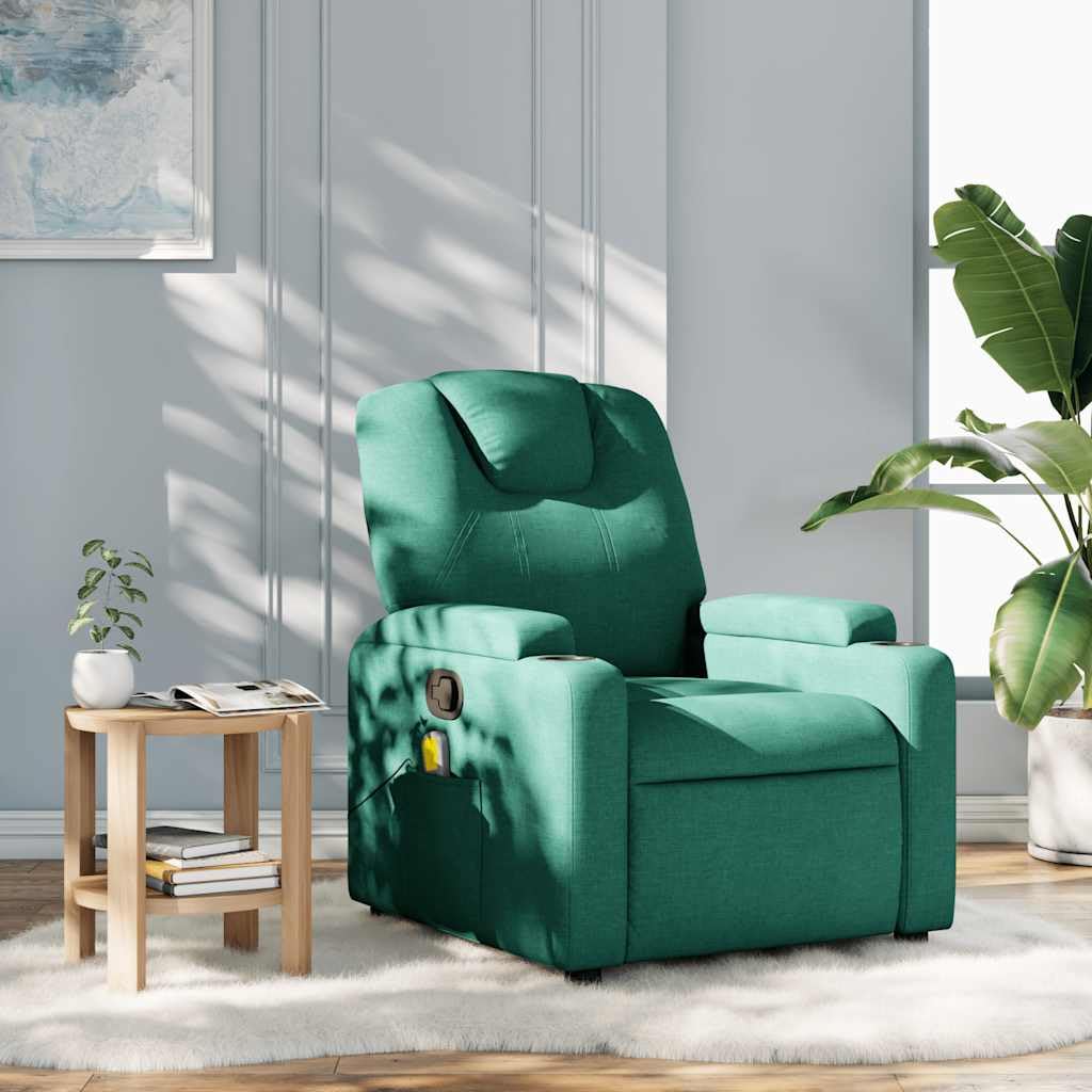 Sillón de masaje de tela verde oscuro con función reclinable manual y 6 puntos de masaje, función de vibración, control manual, soporte para bebidas, bolsillo lateral, madera, marco de metal