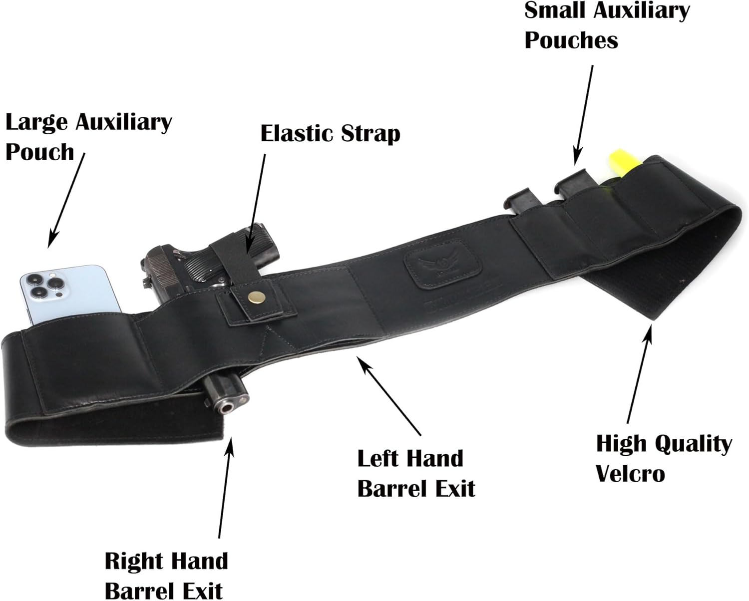 Black Belly Band Holster - Cowhide Leather Comfortable Carry, Ambidextrous, Water-Resistant, Compatible with Glock, Smith & Wesson - Unisex