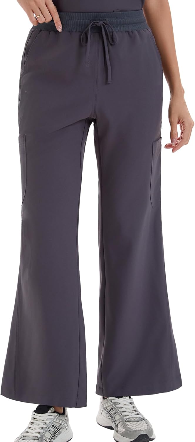 VECARDI Scrub Pants for Women High Rise Four Way Stretch Flare Yoga Cargo Pants with 6 Pockets