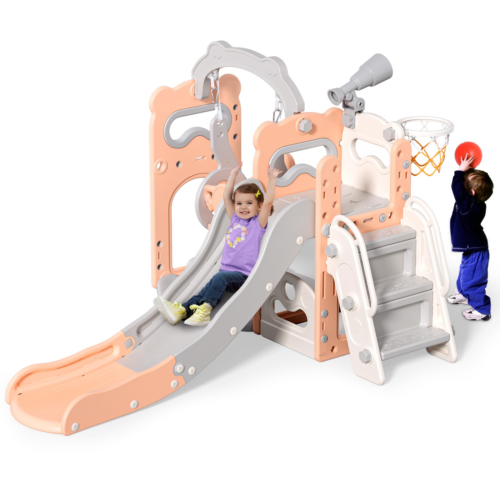 Krovtoy Toddler Slide with Swing Thickened & Widened Kids Slide,170cm extra-long slideway, Indoor Outdoor Freestanding Slider Garden Slide Playground for Toddlers (6 in1 pink gray) โ image 1