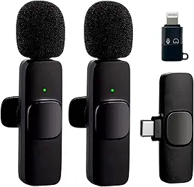 Kit Microfone de Lapela Profissional Sem Fio Altamente Sensivel Com 2 Entradas Almplamente Compativeis (Tipo C e IOS) Podcast, Youtubers, Influencer e TikTok Com Redução de Ruidos