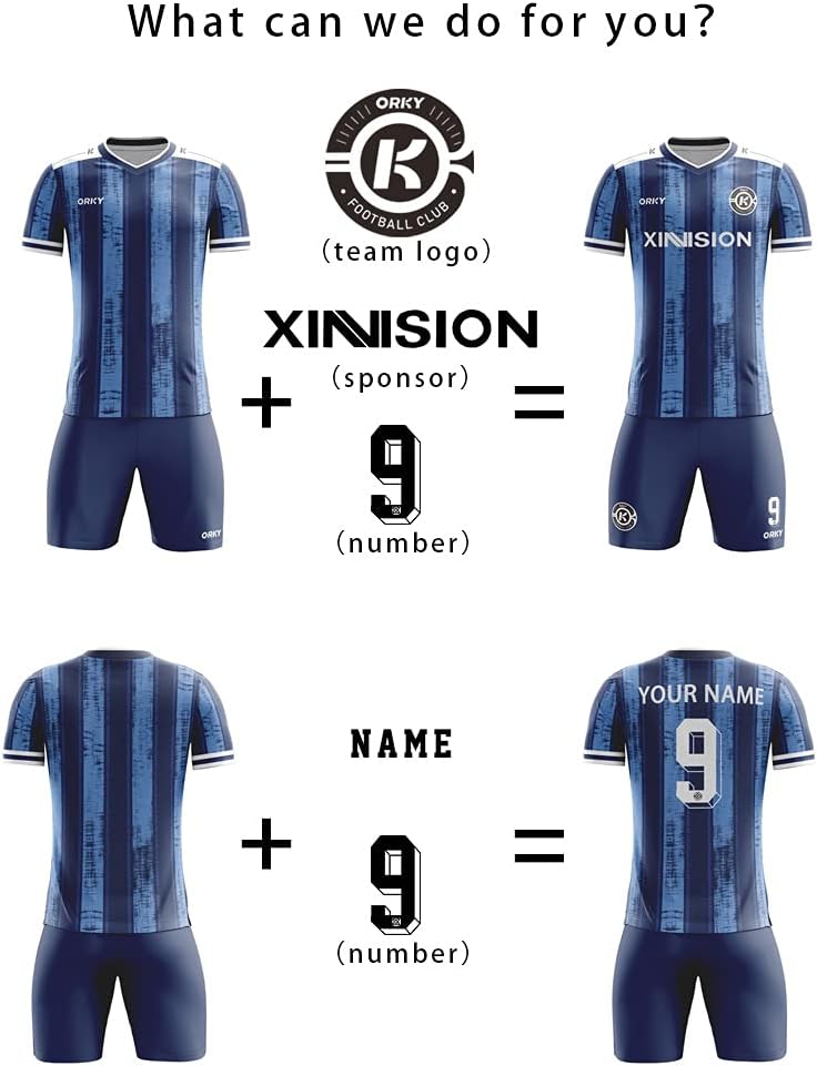 ORKY Men Soccer Jersey, Custom Made Name Number Kit for Youth Tournament, Quick Dry Football Uniform Phantom