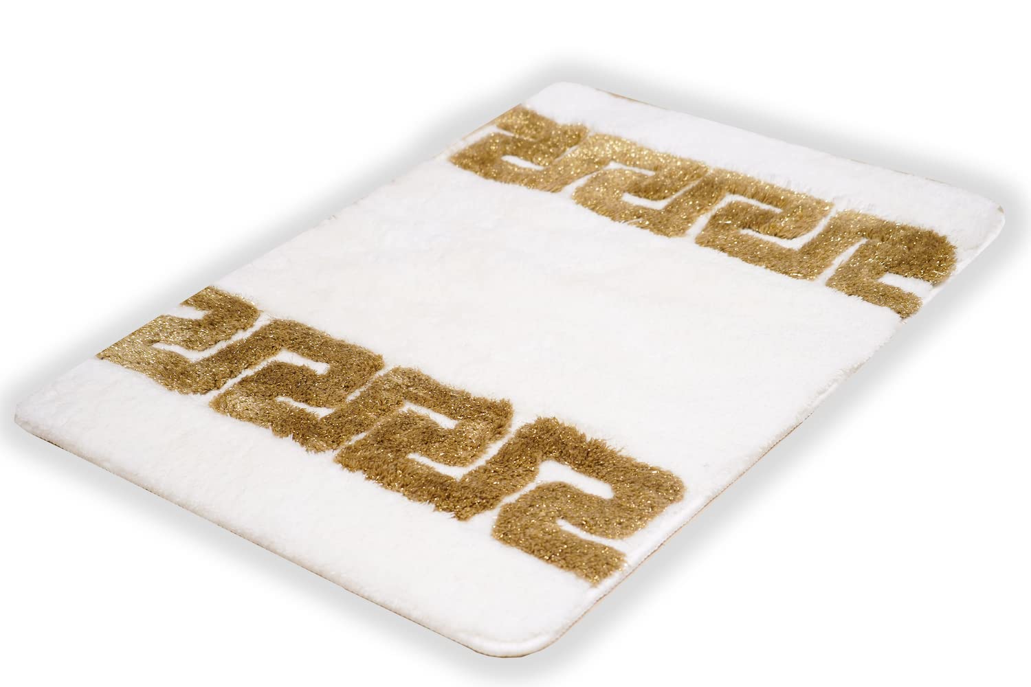 Lot de 2 tapis de bain de luxe en noir blanc doré Méandre 100 % acrylique – Moelleux, antidérapant et absorbant (blanc, lot de 2 – 50 x 60 + 60 x 90 cm)