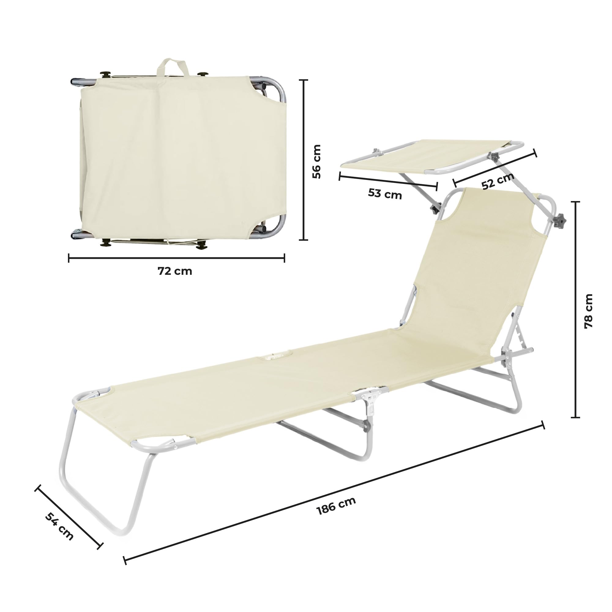 IlGruppone Coppia Lettini Prendisole Pieghevoli con Parasole Regolabile, Schienale Reclinabile in 4 Posizioni, Struttura in Acciaio Anti-Ruggine, Tessuto Impermeabile Anti-UV, Portata 110 kg - Ecru