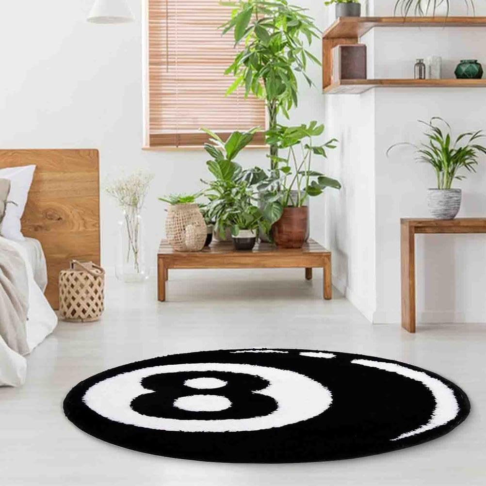WNRLL 8-Ball Tapijt voor Slaapkamer Biljart Zwart Tapijt Antislip Vlokken Tapijten Rond Vloerkleed Esthetisch Funky Tapijt Gelukstapijt voor Woonkamer,A flocking,60cmx60cm