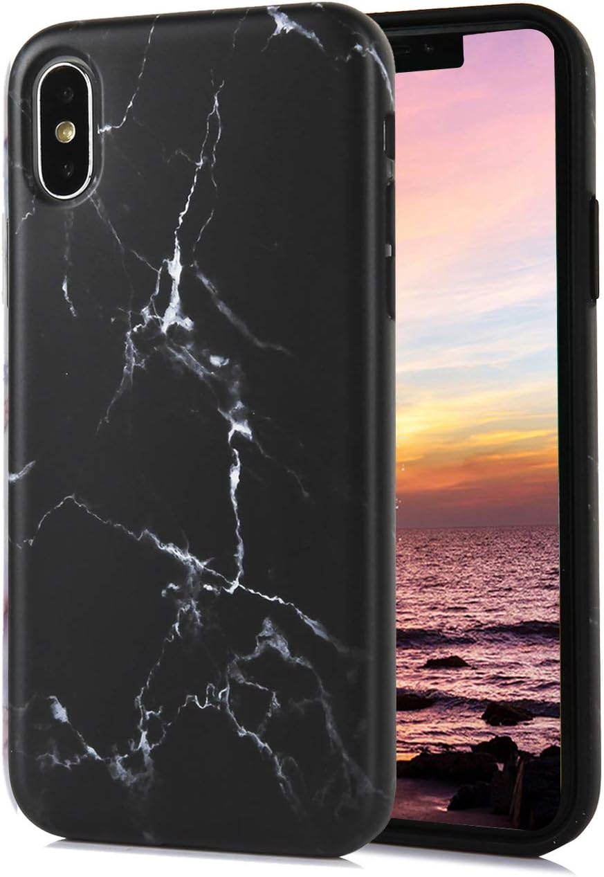 TRENSOM Black Marble iPhone X Case iPhone Xs Marble Case, IMD Hybrid Hard TPU Shockproof Phone Cases for Women Girls Men Boys [5.8"]