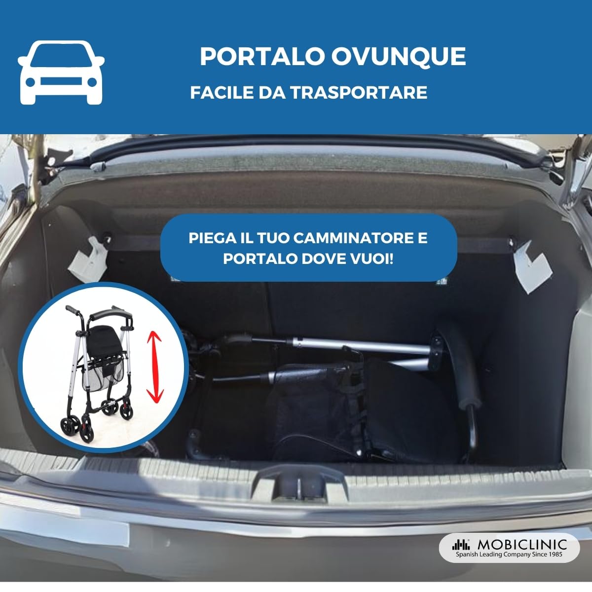 Mobiclinic®, Deambulatore per adulti, Pieghevole, Leggero, Sedile e cestino xxl, Supporto bastoni, Altezza regolabile, In alluminio, Freni a pressione, Dehesa, Ruote piene, Grigio perlato