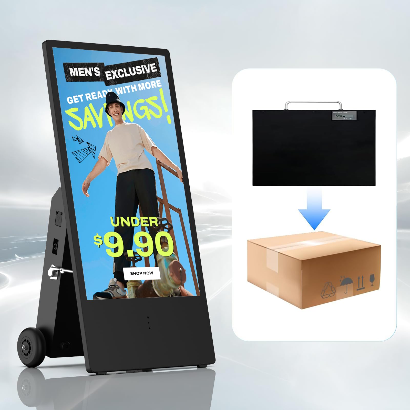 Écran Publicitaire Extérieurs 43 Pouces, Haute Luminosité 2000 Nits LCD Écran d'Affichage NuméRique, Étanche IP65, Batterie Rechargeable avec 10h d'Autonomie, pour les Food Trucks, Restaurants