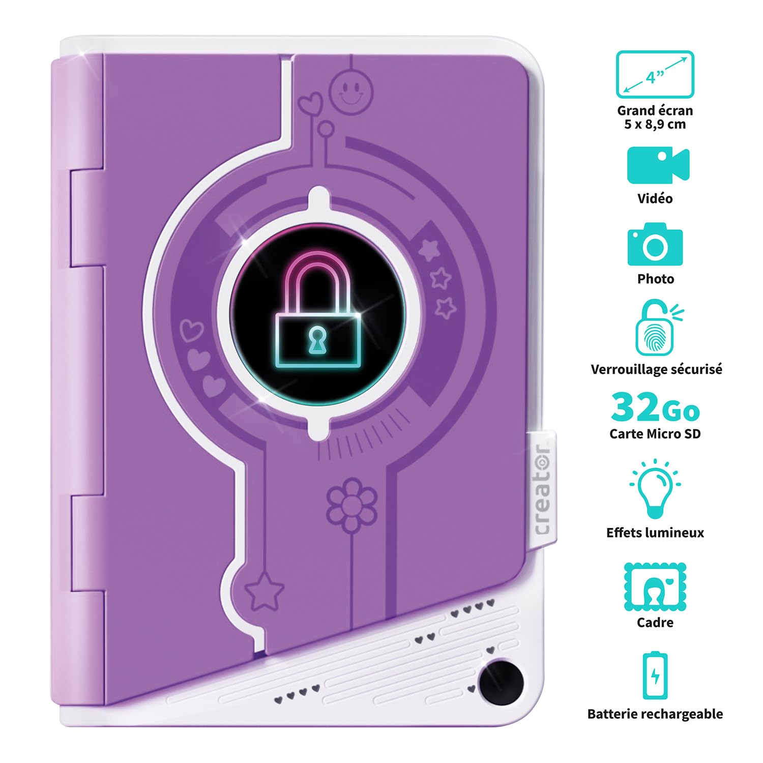 Canal Toys - Journal Secret Video pour Enfants Violet - Enregistre tes Secrets en Vidéo & Photo - Cadeau Enfant Jeux Électronique 7 Ans + - Empreinte Digitale - 24 Effets - 32 GO - LED - INF 043 | Avec autocollants, câble USB, effets de lumière et d'image