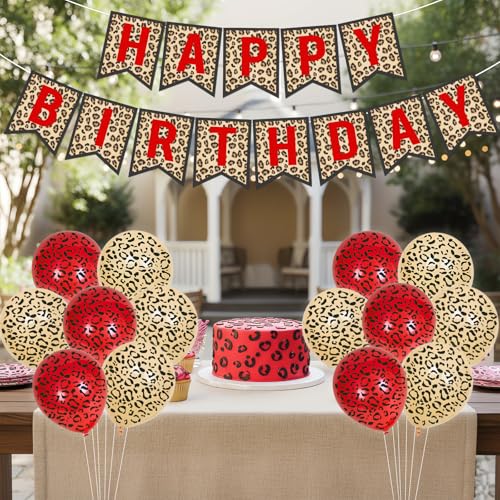 Image of Cheetah Print Birthday Decorations Leopard Happy Bday Banner Red Brown and Cheetah Print Latex Balloons for Girls Women Safari Wild Animal Birthday Party Decor Supplies