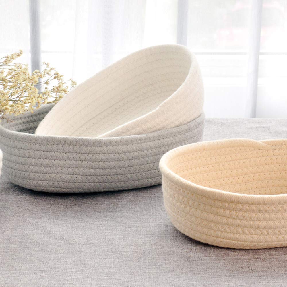 Cotton Rope Handmade Woven Home Storage Household Candy Toys Storage Basket Sundries Collection Box Candy Snack Food Tray SML Pack of 3 (Oval, Grey)