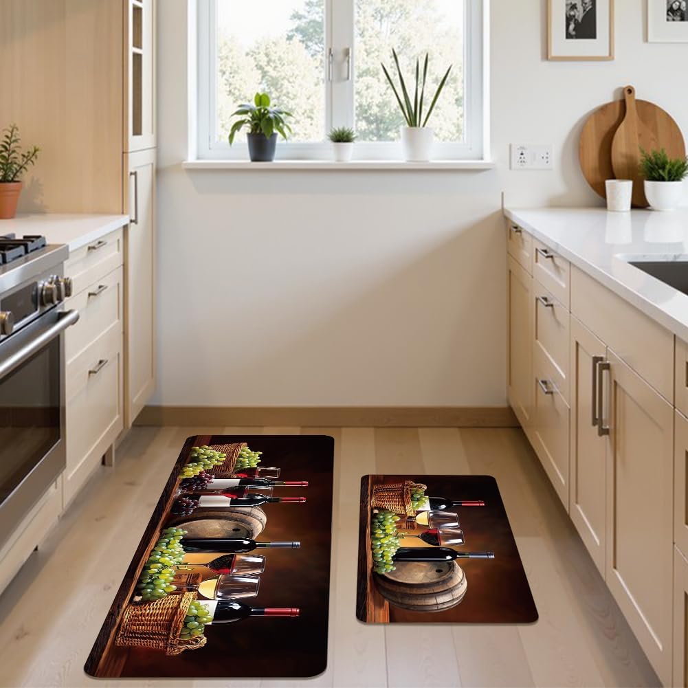 PH PandaHall Wine Kitchen Rugs and Mats Set of 2, Grapes Wine Glass Rugs Non-Slip Washable Floor Mat Soft Cushion with Rubber Backing for Home Kitchen Restaurant Decor, 30"x17" + 47"x17"