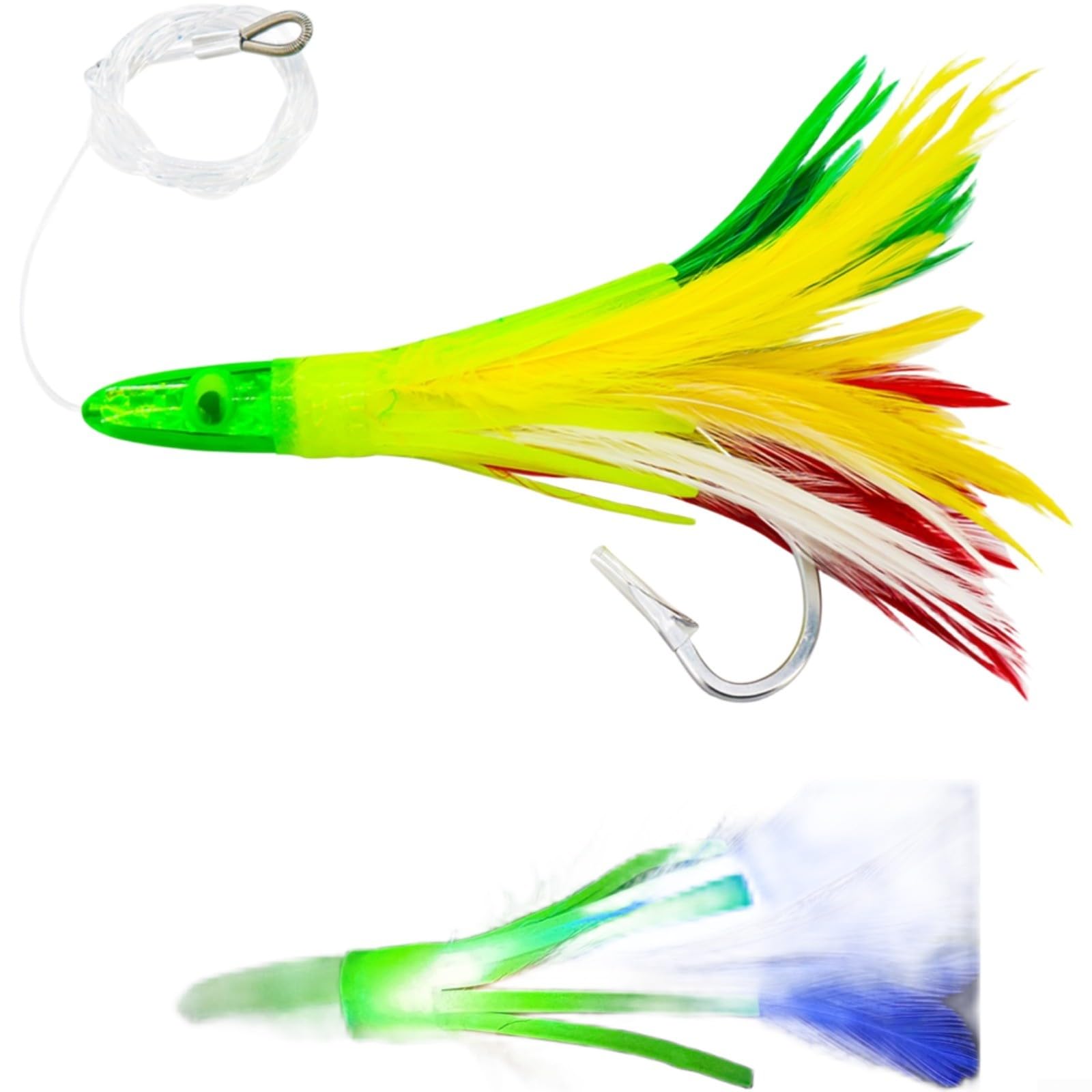 Piuma esca per pesca a traina da 16,5 cm, con gancio spinato per pesca in acqua salata GT trota in acque profonde