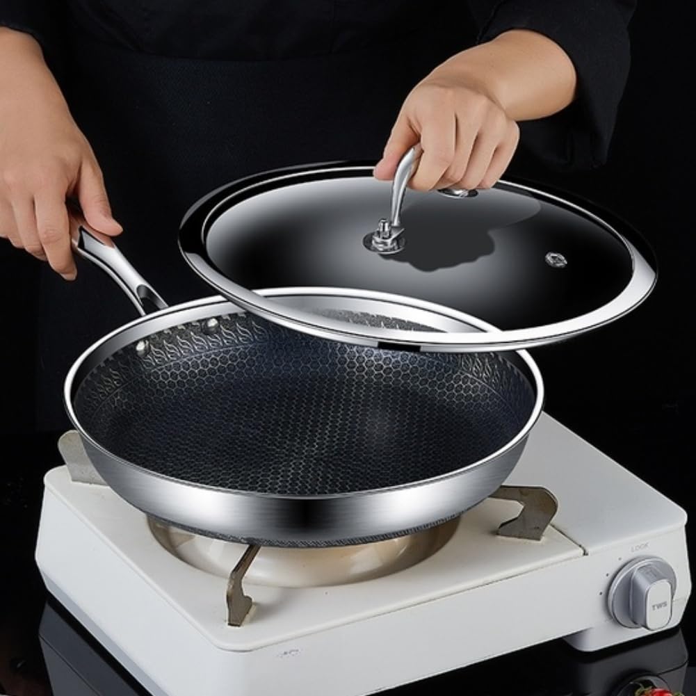Sartén wok de acero inoxidable 316L con 3 capas antiadherentes, diseño de panal, apta para inducción para todo tipo de fuegos, incluye espátula de silicona, 31,6 cm