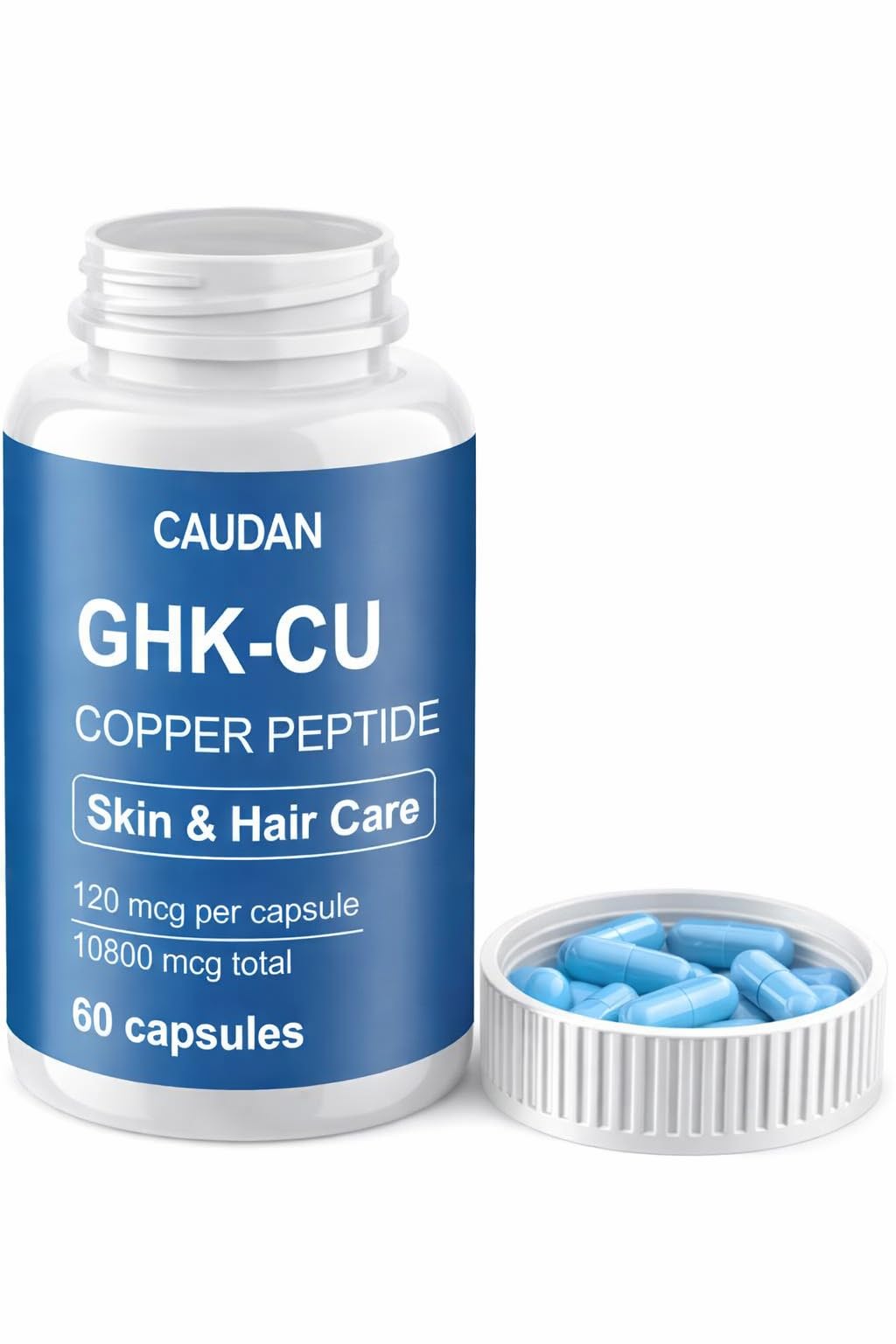 Bottle of GHK-Cu copper peptide delayed-release supplement capsules labeled vegan and gluten-free