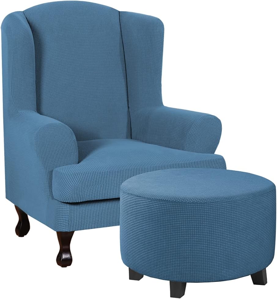 H.VERSAILTEX 2 Piece Wing Chair Covers Bundles Round Ottoman Slipcover(Medium, Dusty Blue)