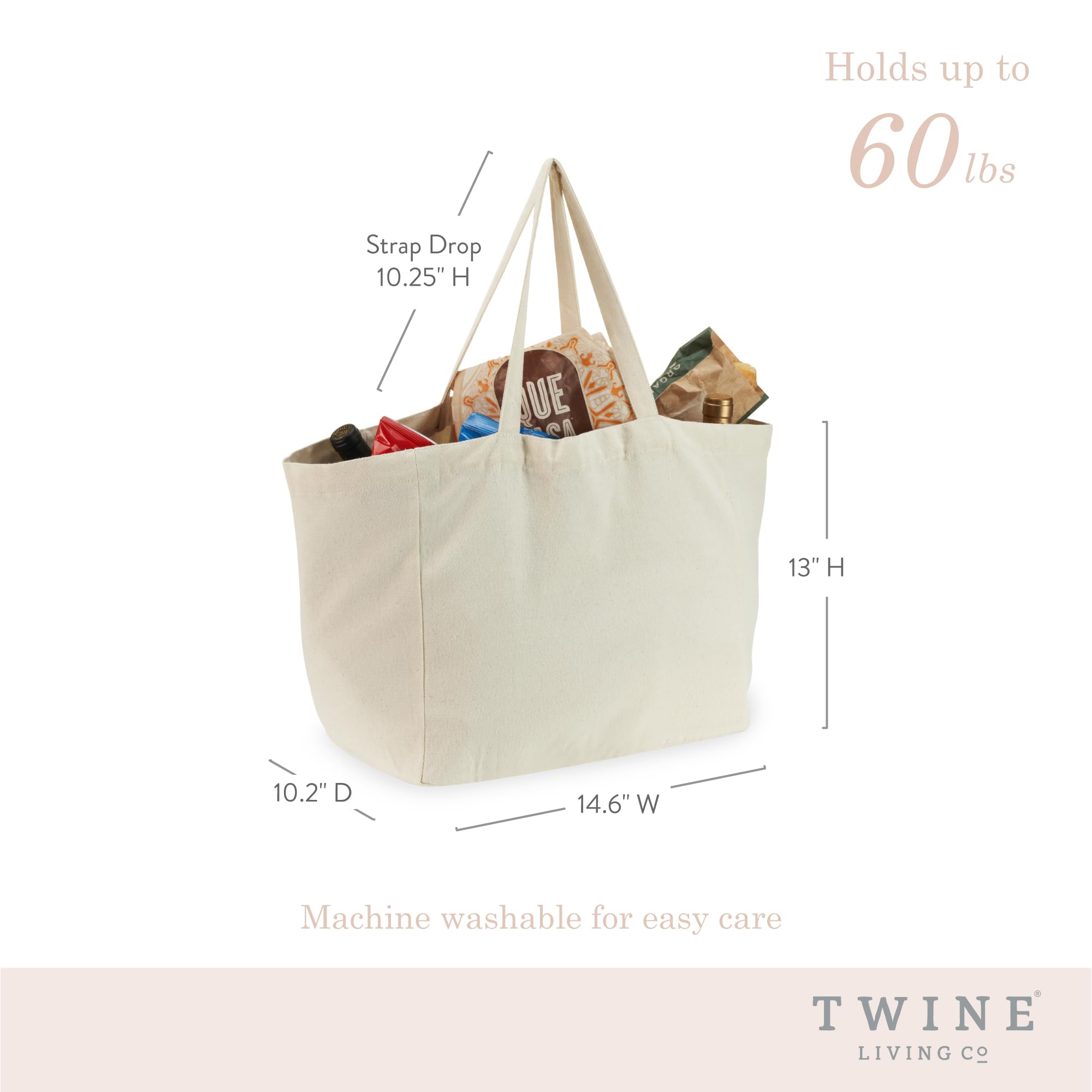Twine Canvas Grocery Tote, Heavy Duty Canvas Totes for Shopping, Farmers Market, and Everyday Use, Reusable Bags with Handles, Foldable Travel Bag and Large Tote Bag for Women, Set of 1