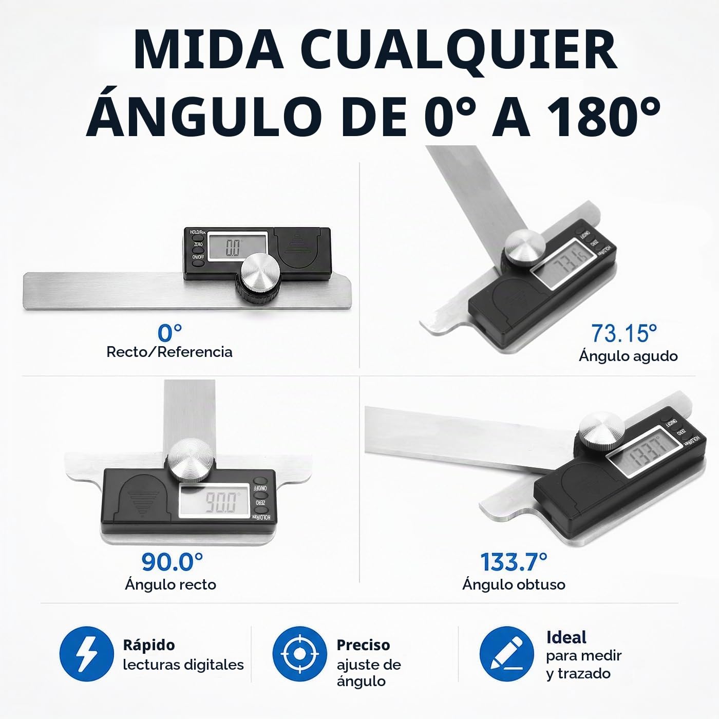 Goniómetro de Acero Inoxidable, 0-180 ° Buscador de Ángulo Electrónico de Alta Precisión Regla de Ángulo Lcd Digital 0.01 ° Trazado Rular, para La Medición de La Construcción de La Madera (120X150 mm)