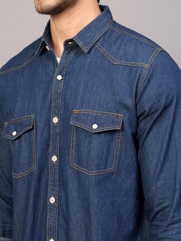 Image of Men's Denim Shirt with Regular Fit Solid Pattern Long Sleeve Collared Neck and Button Down Closure|Men Denim Shirt
