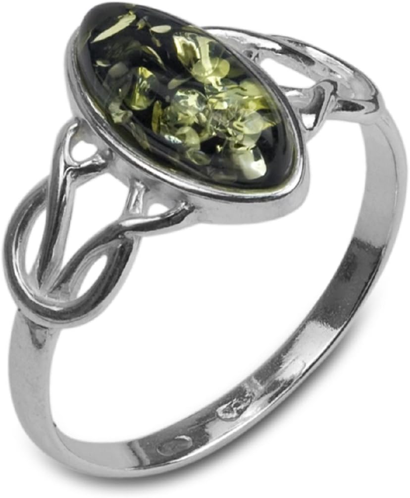 Ian and Valeri Co. Green Amber Sterling Silver Celtic Marquise Shape Thin Ring