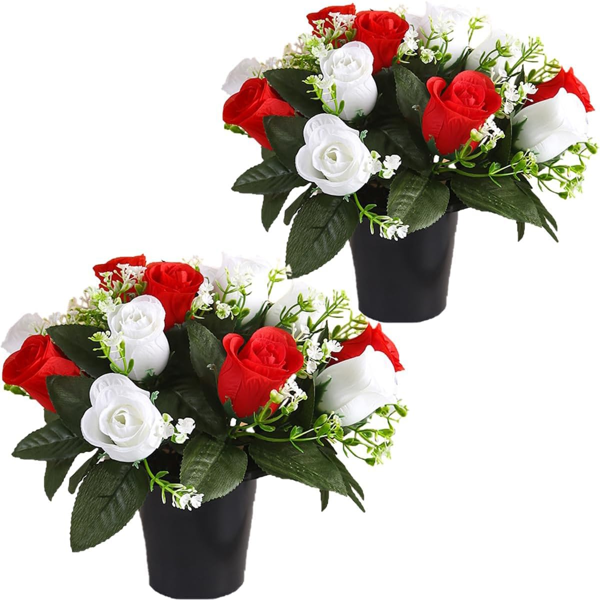 Etomvoop White+Red 2Pcs Artificial Grave Flowers In Pots 12 Heads Silk Rose Funeral Flower With Cemetery Holder For Outdoor Memorial Graveside Christmas Home Decoration