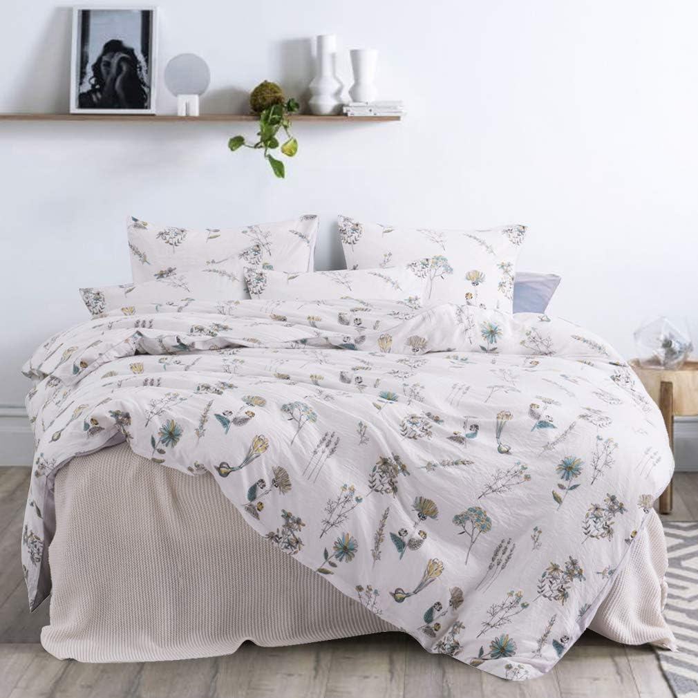 ughome Queen Floral Duvet Cover Set, Same As Washed Cotton Process Soft Comforter Cover with 2 Pillowcases(Flower, Queen)