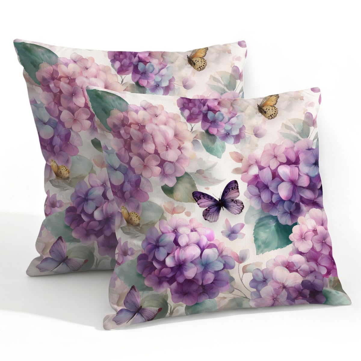 Outdoor Pillow Covers Waterproof Pillowcases 22x22in Set of 2Hydrangeas Flower Butterflies Decorative Throw Cushion Case for Couch Sofa Garden Patio Furniture