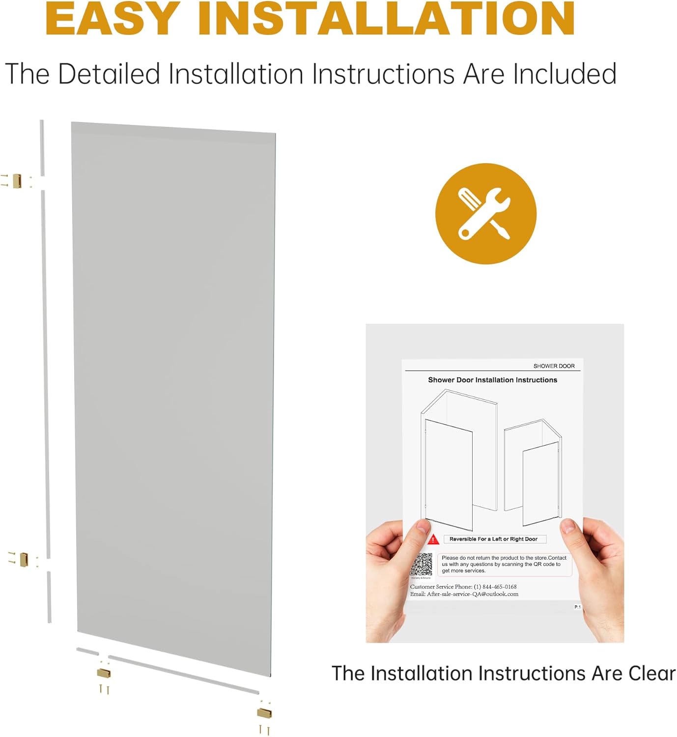 Findepot Frameless Fixed Shower Screen 34" W × 74" H, Shower Glass Panel, 5/16"(8mm) SGCC Clear Tempered Glass Shower Door,Brushed Gold