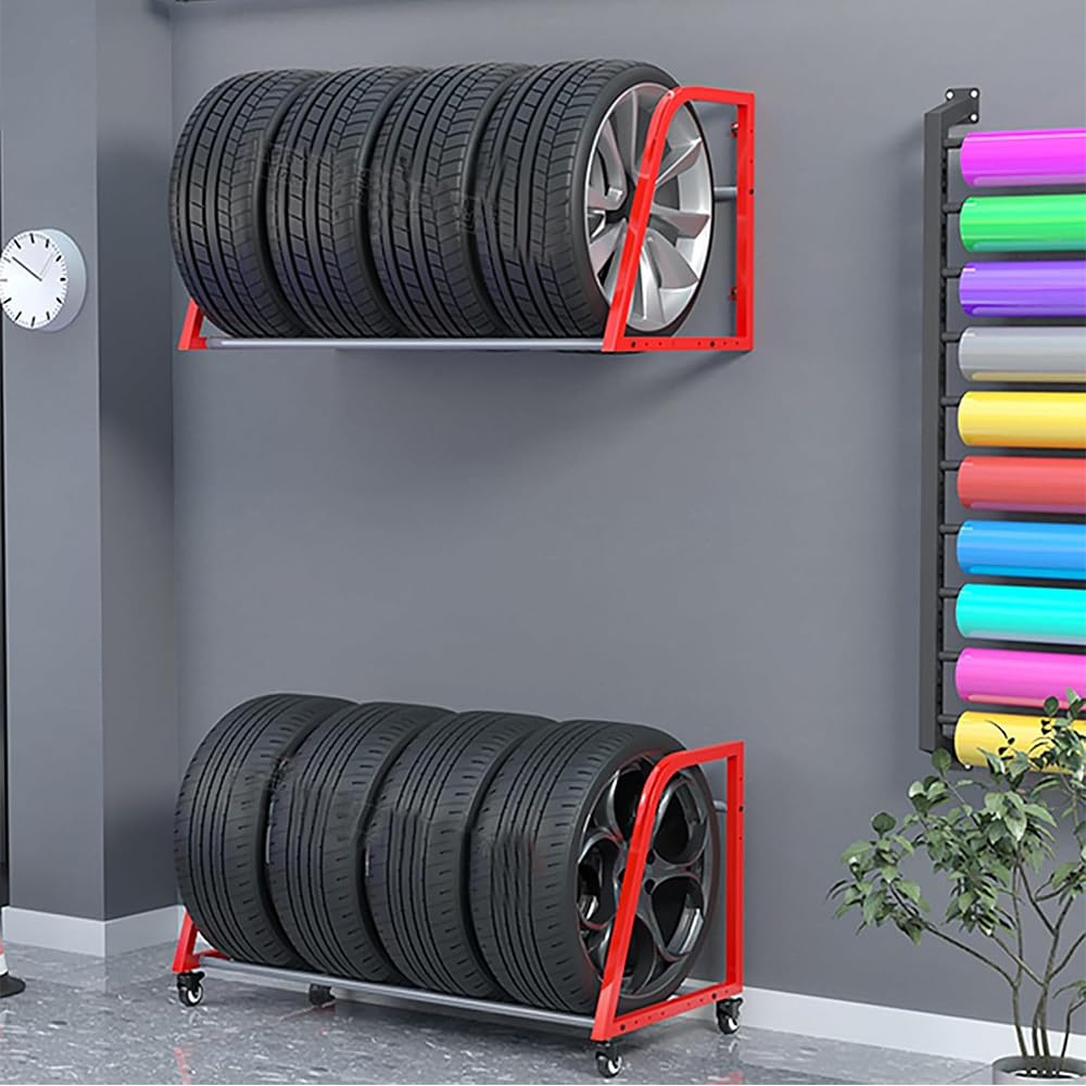XBTGS Rack per pneumatici a parete, espositore per attrezzature per pneumatici, rack di stoccaggio pneumatici rotanti su ruote, garage di grande capacità, a pavimento, a parete.,