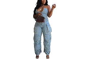 Loose Baggy Wide Leg Denim Jumpsuit with Drawstring for Women