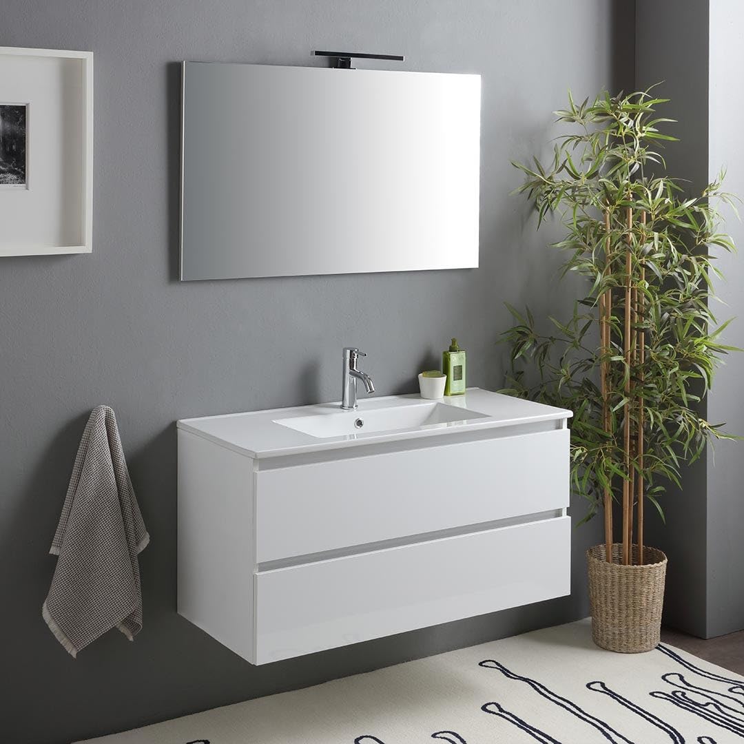 Kiamami Valentina - Mobile Bagno Con Cassetti 100Cm Bianco Lucido, Lavabo E Specchio Con Lampada | Benaco