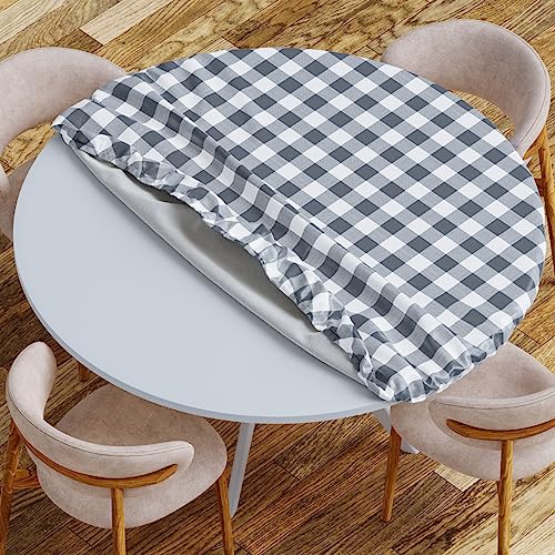 sorfey round tablecloth -fitted with elastic, vinyl with flannel back, fits for table 48 inches round,water proof, easy to clean, checked gray design