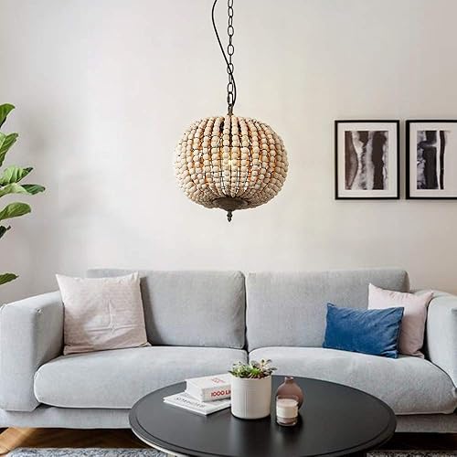 Miniatura 2 de Newrays Lámpara de araña con cuentas de madera, estilo bohemio, bohemio, playa, lámpara de techo (globo blanco grisáceo, 11.81 x 14.56 pulgadas)