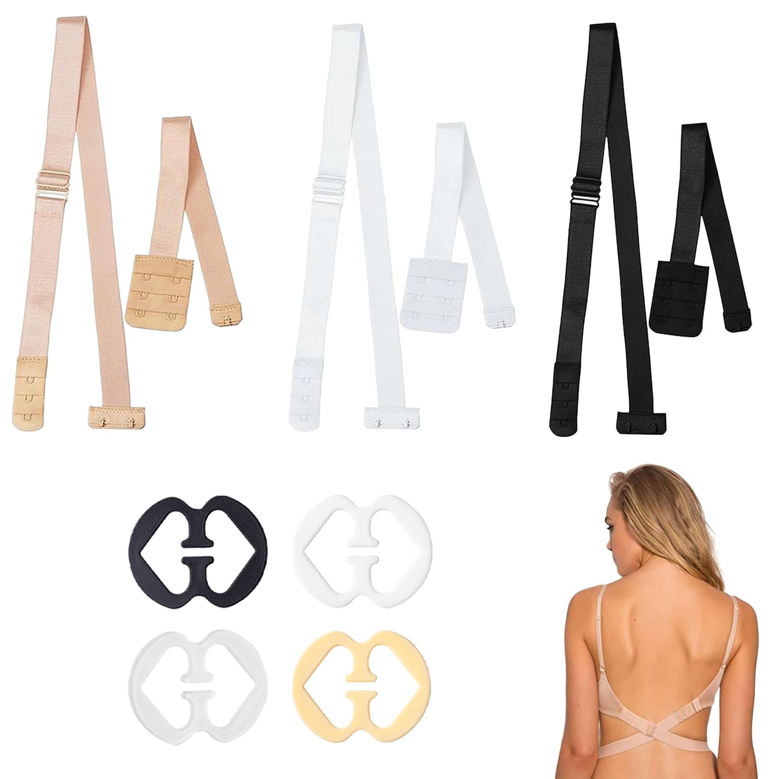 7Pcs Bra Straps for Women Fancy, Backless Bra for Women, Anti-Slip Bra Clips and Low Back Converters, Adjustable Transparent Bra Straps for Low Back Shirts and Dresses, Black White Beige