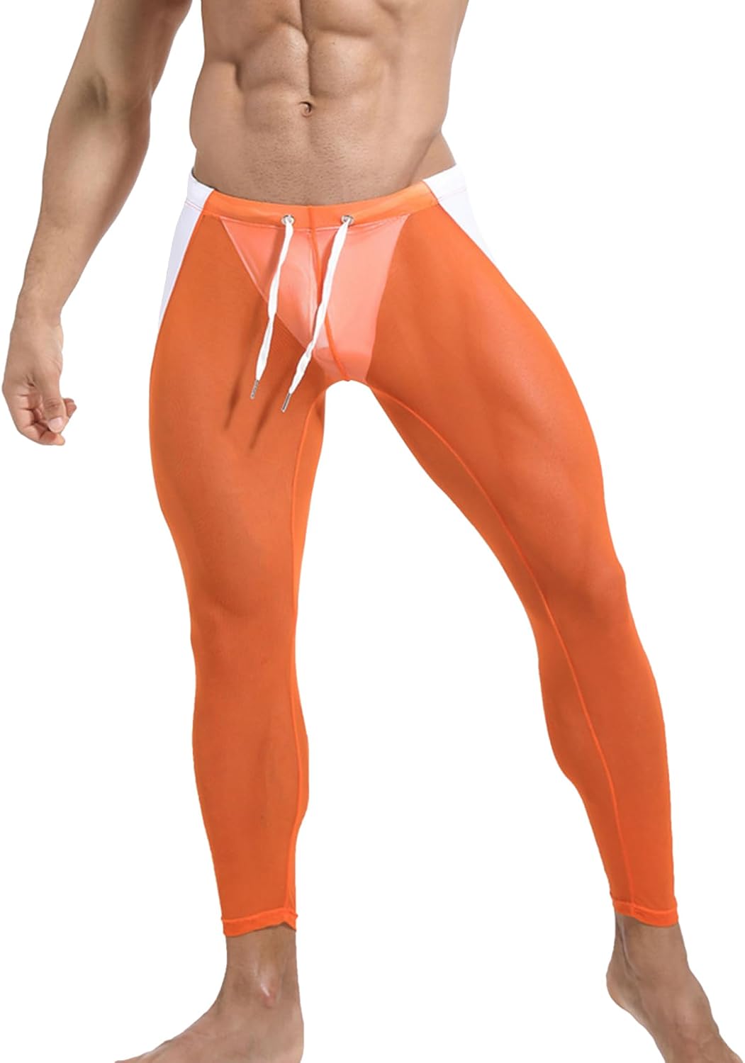 Men's Compression Pants Yoga Tights See Through Nylon Sheer Leggings Drawstring Bottoms