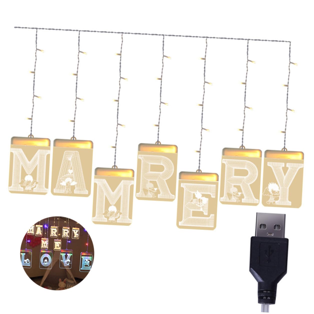 LED Lichterkette Heirate Mich mit USB Anschluss, Acryl, Warmweiß
