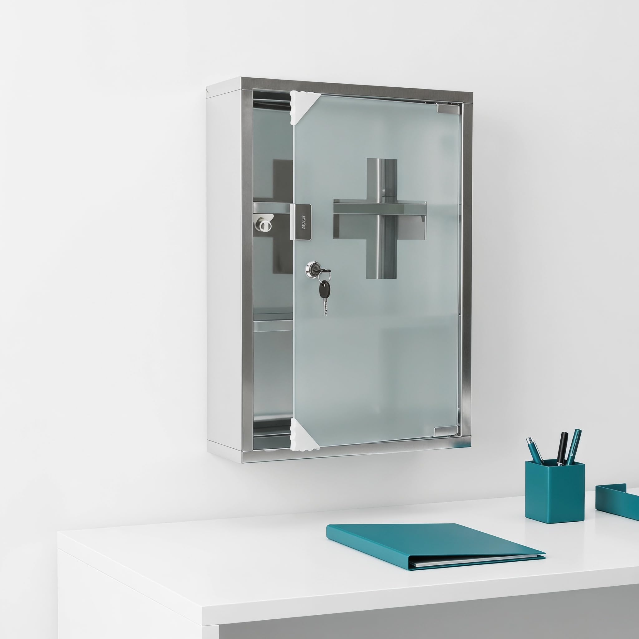 Armoire d'apothicaire murale en acier inoxydable, 50 cm de hauteur, 3 compartiments avec porte en verre, verrouillable avec 2 clés, armoire de premiers secours, argent
