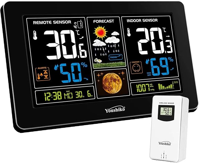 Youshiko YC9444 (Official 2023 UK Version) Wireless Weather Station, Radio Controlled Clock, Indoor Outdoor Temperature Thermometer, Humidity, Barometric Pressure, Ice Alert, Moon Phase