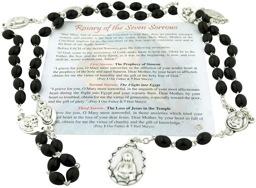 Venerare6mm Our Lady of Sorrows Rosary | Chaplet with Prayer Card | Wooden Beads on Chain | Silver-Tone Medals Depict the 7 Dolors of Mary | Great Catholic Gift for First Holy Communion and Confirmation