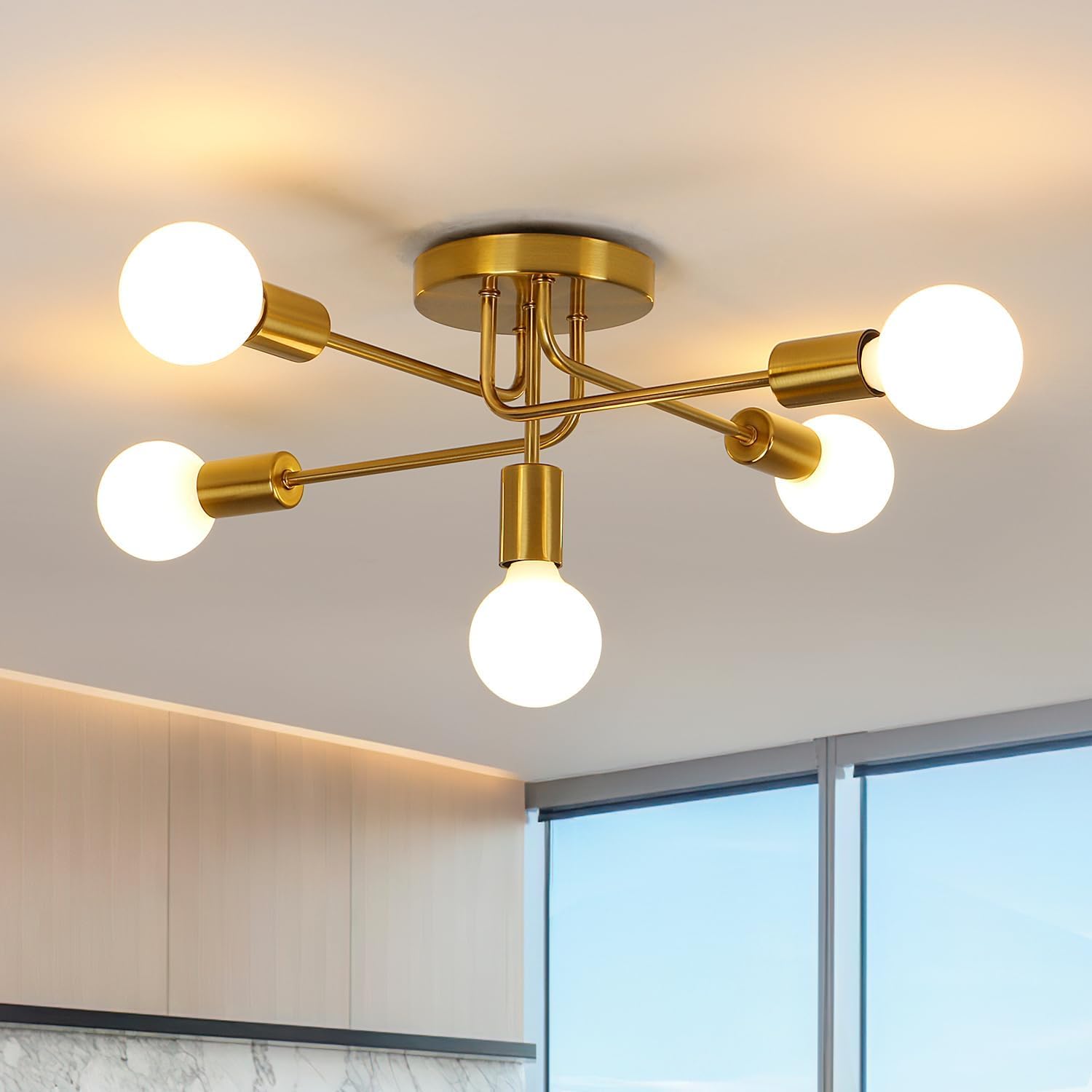 DELIPOP Lámparas de Techo Retro, 5 Luces Lámparas de Techo industriales, Plafon Sputnik E27, Lámpara de Araña Dorada para Dormitorio, Sala de Estar, Pasillo, Cocina, Comedor