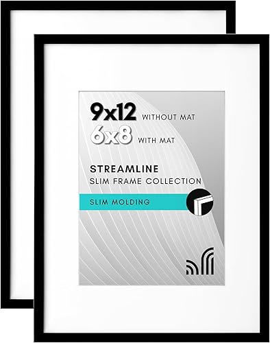 Americanflat Portarretratos de 9 x 12 pulgadas, color negro, juego de 2 unidades, para uso como marco de fotos de 6 x 8 pulgadas con paspartú o